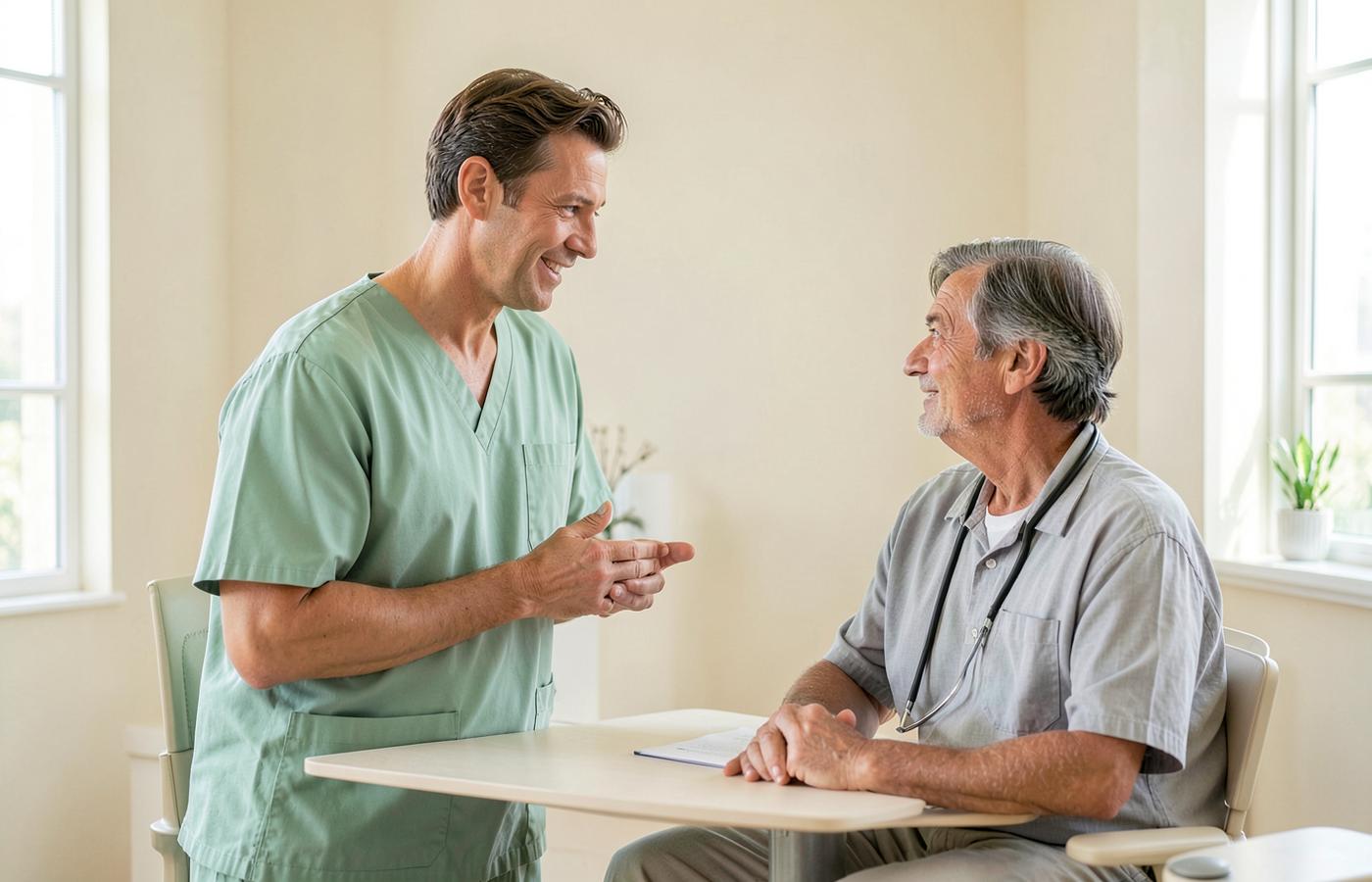 A clinician talking with a patient in a bright consultation room